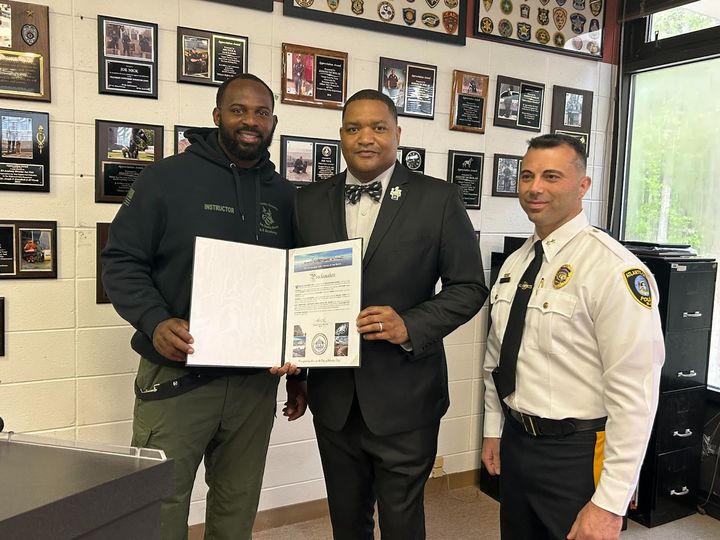 Philadelphia Eagles' Defensive Tackle Fletcher Cox, (Left) Mayor Marty Small Sr. (Center) and Atlantic City Police Chief Jame